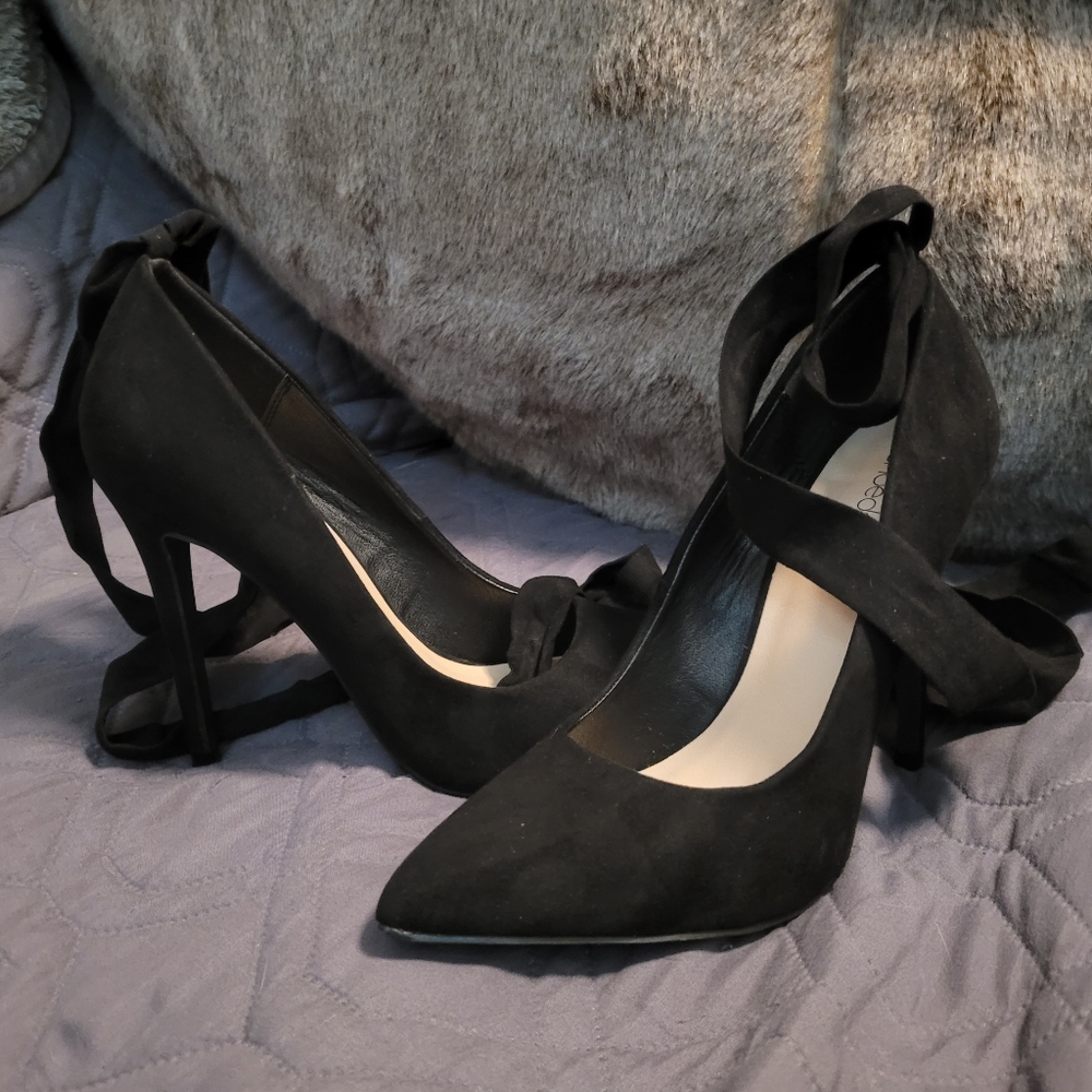 Shoe Dazzle Black Suede Pointed-Toe Ankle Tie Heels